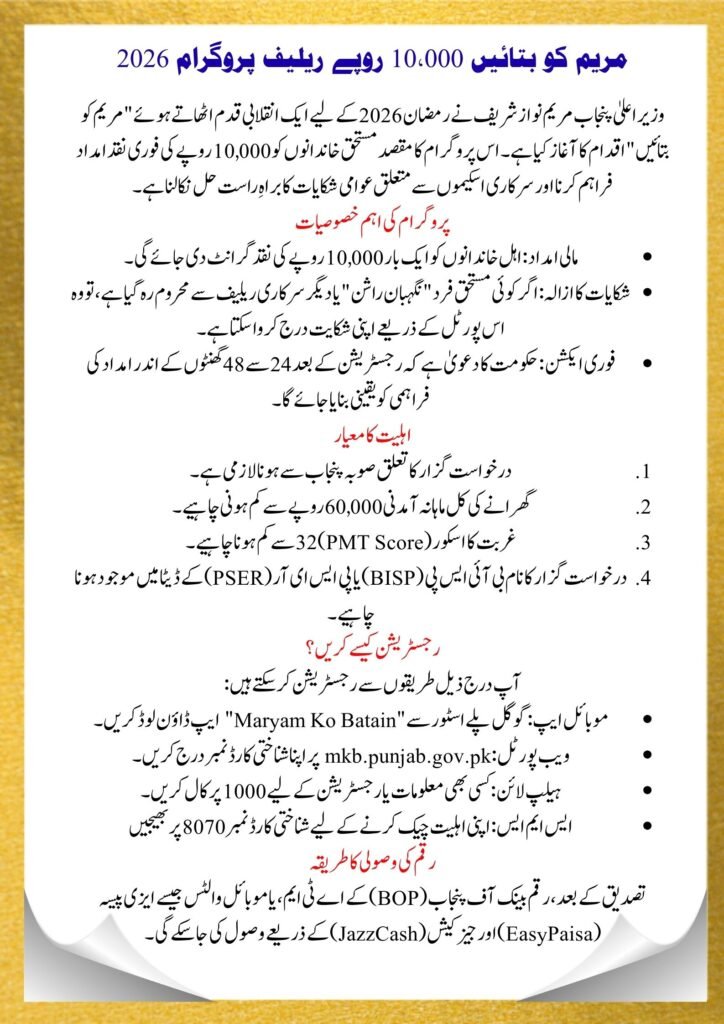 Maryam Ko Batain  Rs 10,000 Relief Registration